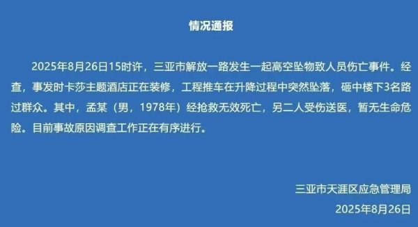 优配库 三亚一酒店装修时工程推车坠落，致路人1死2伤